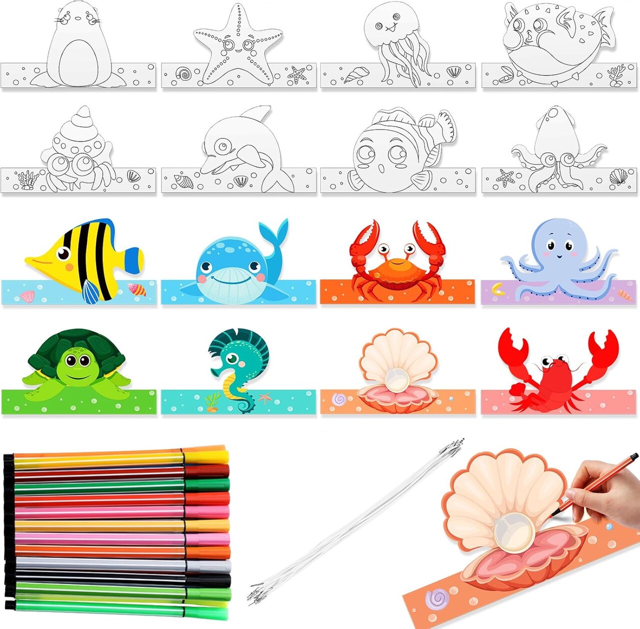 16 Pcs Ocean Animals Crown Craft for Kids Color Your Own Sea Headbands with Watercolor Pens DIY Coloring Adjustable Ocean Paper Crowns Hats for Kids Under the Sea School Party Favors Supplies